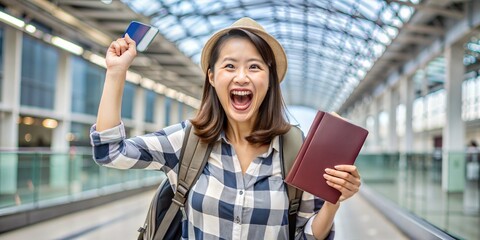 Wall Mural - happy young tourist woman with passport