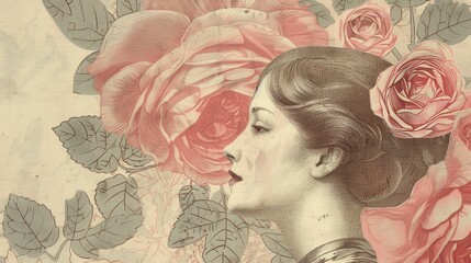 Poster - A vintage illustration depicting a woman's profile surrounded by pink roses. The woman's hair is styled in a way typical of the early 20th century, and the roses are drawn in a detailed, realistic sty