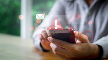 emergency warning alert alarm on smartphone, email inbox alert and spam virus with warning, email se