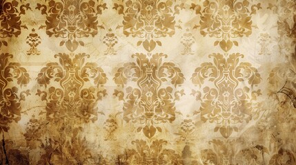 Poster - A close-up image of a vintage wallpaper with a damask pattern in shades of gold. The wallpaper has a faded, aged texture, with some areas appearing worn or torn. The intricate design features repeatin