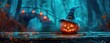 © Mohsin - Halloween pumpkin with a witch hat on a wooden table against a spooky background, an illuminated jack o' lantern headlight and glowing candles