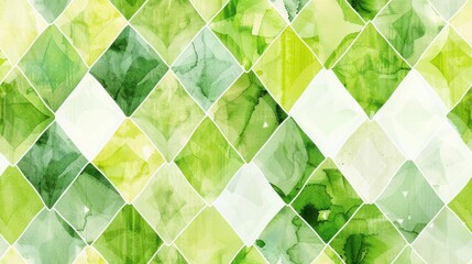 Poster - A seamless pattern of overlapping green and white diamond shapes, painted in a watercolor style. The diamonds are arranged in a repeating pattern, creating a visually dynamic and textured background.