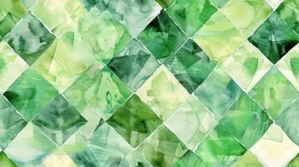 Poster - An abstract watercolor pattern featuring a repeating design of green diamonds. The diamonds are painted with a variety of shades of green, creating a dynamic and visually interesting texture.