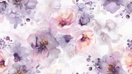 Aufkleber - A watercolor painting depicts a delicate and romantic scene with a variety of purple and pink flowers, including some that are slightly open and others that are fully bloomed, arranged on a white back