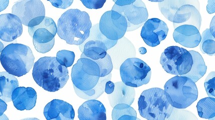 Poster - A seamless pattern of blue watercolor circles on a white background. The circles are various sizes and shades of blue, creating a visually appealing and calming design.