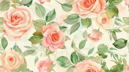 Poster - This watercolor painting depicts a seamless pattern of delicate pink roses and lush green leaves on a light cream background. The roses are arranged in a random pattern, with some blooms fully open an