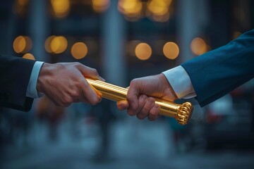 Businessman Passing Golden Relay Baton Outdoors with Cropped Hand