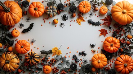 Wall Mural - The Halloween greeting card template showcases pumpkins, skeleton arms, skulls, bats, and spiders on a white background with ample space for your message.