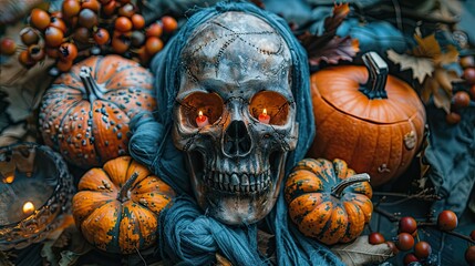 Wall Mural - The Halloween poster design features decorations like pumpkins, skulls, and mummy hands wrapped in bandages on a stone table for a spooky touch.