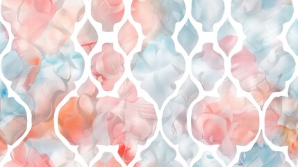 Leinwandbilder - A watercolor pattern with abstract shapes in a pink, blue, and white color palette. A repeating pattern of Moroccan lattice shapes are superimposed over the watercolor shapes.