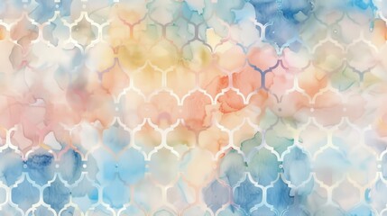 Poster - An abstract background featuring a repeating pattern of white trellis designs against a colorful watercolor wash of blue, green, yellow, orange, and pink hues.
