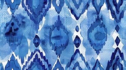 Wall Mural - An abstract watercolor pattern in shades of blue, with a textured background. The pattern features a repeated design of overlapping teardrop and diamond shapes.