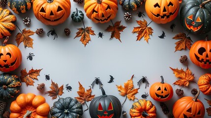 Wall Mural - A Halloween poster mockup includes a frame of decorations on a white background, offering a flat lay view with ample space for your message.