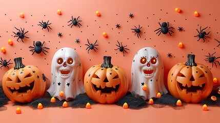 Wall Mural - A Halloween pink background with cute decorations like white pumpkins, ghosts, and webs offers a top view for a greeting card template.