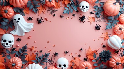 Wall Mural - A Halloween pink background with cute decorations like white pumpkins, ghosts, and webs offers a top view for a greeting card template.
