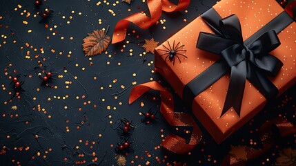 Wall Mural - This Halloween sale banner design includes top view orange gift boxes, bats, and glitter confetti on a black background, perfect for a promotional message.