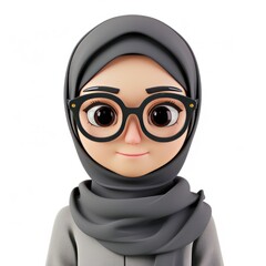 A 3D illustration of a smiling young woman wearing a hijab and glasses.