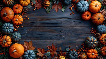Wall Mural - A Thanksgiving Day concept includes pumpkins, gourds, autumn leaves, and berries on a wooden table, creating a warm and festive top view.