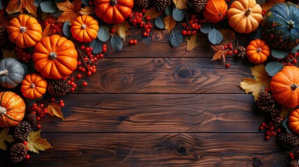 Wall Mural - A Thanksgiving Day concept includes pumpkins, gourds, autumn leaves, and berries on a wooden table, creating a warm and festive top view.