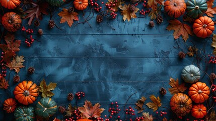 Wall Mural - A Thanksgiving Day concept includes pumpkins, gourds, autumn leaves, and berries on a wooden table, creating a warm and festive top view.