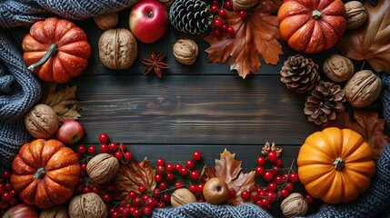 Wall Mural - The harvest or Thanksgiving background showcases pumpkins, blankets, dried fall leaves, apples, red berries, and walnuts on a wooden table.