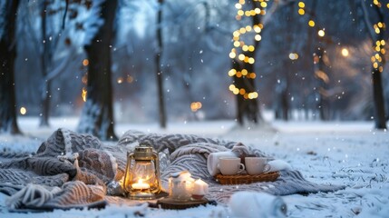 Poster - A cozy winter picnic is set up in a snowy forest. A blanket lies on the snowy ground with candles, lanterns, and two mugs of hot beverages. The forest trees in the background are blurred and adorned w