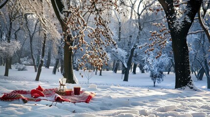 A cozy picnic blanket is spread out on the snowy ground beneath a blanket of snow-covered trees. A glass carafe and two mugs of hot beverages rest on the blanket, ready for a warm break in the crisp w