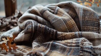 Aufkleber - A close-up view of a soft, plaid blanket draped over a windowsill with a few dry autumn leaves scattered on top. The blanket is made of thick, woven fabric and features a classic pattern of brown, whi