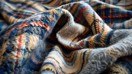 Poster - The image shows a close-up of a soft, knitted blanket with a colorful plaid pattern. The blanket is blue, red, yellow, and white, with a fuzzy texture. The blanket is folded and draped, creating a sof