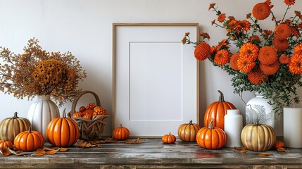 Wall Mural - A mockup picture frame with autumn decorations, including pumpkins, is set on a white table, capturing the essence of fall and Thanksgiving.