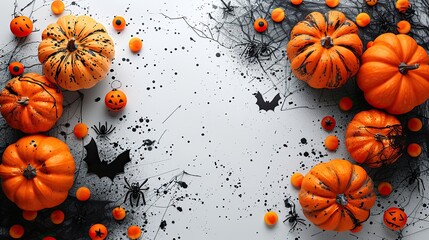 Wall Mural - A modern Halloween background includes pumpkins, bats, spiders, webs, and ghosts on a white table, perfect for a party invitation card mockup.