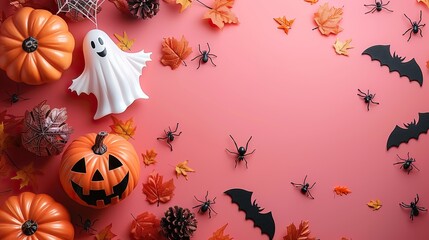 Wall Mural - A modern Halloween flat lay features pumpkins, spiders, and ghosts on a pink background, offering a fresh and fun design for a top view layout.