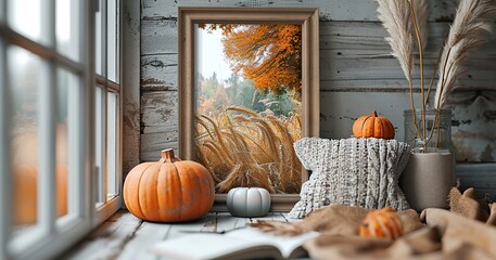 Wall Mural - A picture frame mockup with fall decor, including a vase of dried wheat, a candle, and a pumpkin, captures the essence of autumn and Thanksgiving.