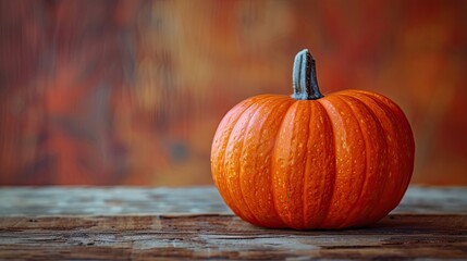 Wall Mural - A pumpkin on a wooden tabletop against an orange background captures the essence of Halloween and Thanksgiving with a seasonal touch.