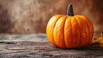Wall Mural - A pumpkin on a wooden tabletop against an orange background captures the essence of Halloween and Thanksgiving with a seasonal touch.