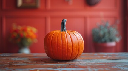 Wall Mural - A pumpkin on a wooden tabletop against an orange background captures the essence of Halloween and Thanksgiving with a seasonal touch.