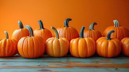 Wall Mural - A row of decorative pumpkins is arranged on a wooden table against an orange background, perfect for a happy Halloween or Thanksgiving holiday banner design.