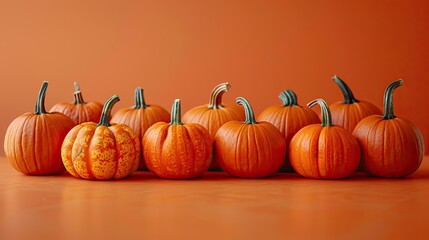 Wall Mural - A row of decorative pumpkins is arranged on a wooden table against an orange background, perfect for a happy Halloween or Thanksgiving holiday banner design.
