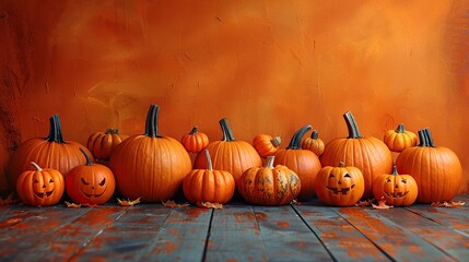 Wall Mural - A row of decorative pumpkins is arranged on a wooden table against an orange background, perfect for a happy Halloween or Thanksgiving holiday banner design.