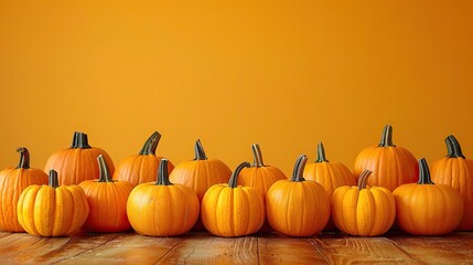 Wall Mural - A row of decorative pumpkins is arranged on a wooden table against an orange background, perfect for a happy Halloween or Thanksgiving holiday banner design.