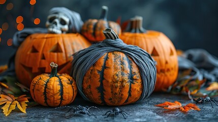 Wall Mural - A Halloween poster design includes decorations such as pumpkins, a skull, spiders, and skeleton hands wrapped in bandages on a concrete stone table.