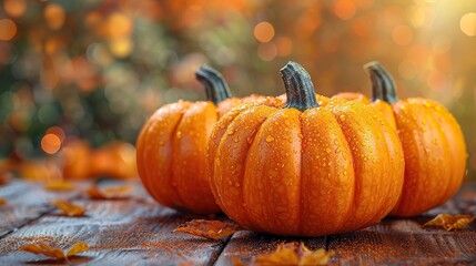 Wall Mural - A seasonal background with pumpkins arranged on a wooden table reflects the harvest and Thanksgiving Day concept.