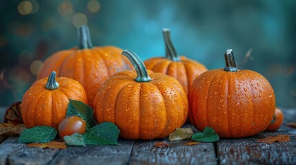 Wall Mural - A seasonal background with pumpkins arranged on a wooden table reflects the harvest and Thanksgiving Day concept.