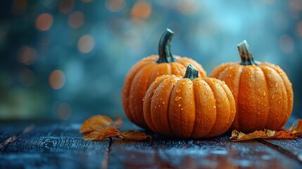 Wall Mural - A seasonal background with pumpkins arranged on a wooden table reflects the harvest and Thanksgiving Day concept.