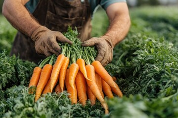 Wall Mural - A farmer holds fresh carrots in his hands. This image represents the abundance of a harvest.