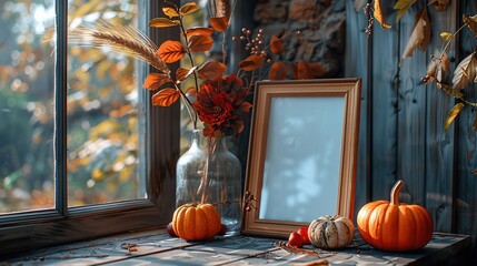 Wall Mural - A Thanksgiving frame mockup includes pumpkins, a vase of wheat, and a garland of leaves against a tile wall background.