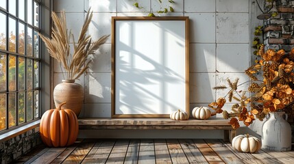 Wall Mural - A Thanksgiving frame mockup includes pumpkins, a vase of wheat, and a garland of leaves against a tile wall background.
