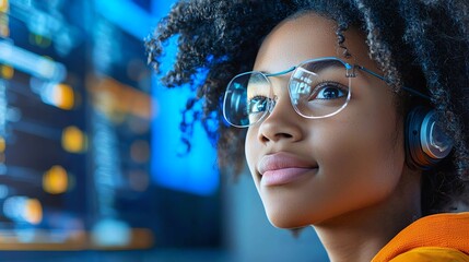 Focused young woman with glasses and headphones, immersed in technology and digital data, showcasing modern innovation.