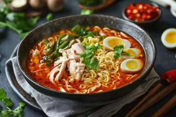 Wall Mural - A bowl of spicy ramen with chicken, eggs, and cilantro. Perfect for depicting a flavorful and hearty meal.