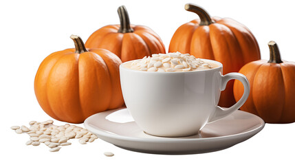 Pumpkin latte in a white cup with pumpkin isolated on transparent background.